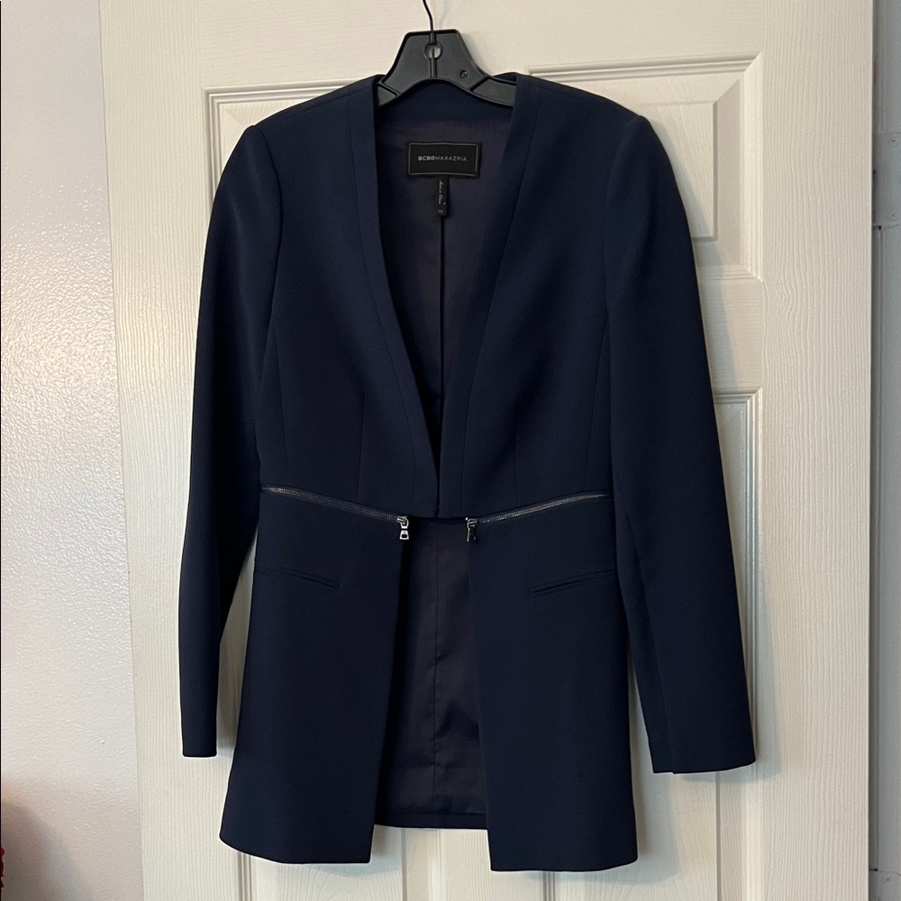 BCBGMaxAzria Navy Zip-Front Longline Blazer